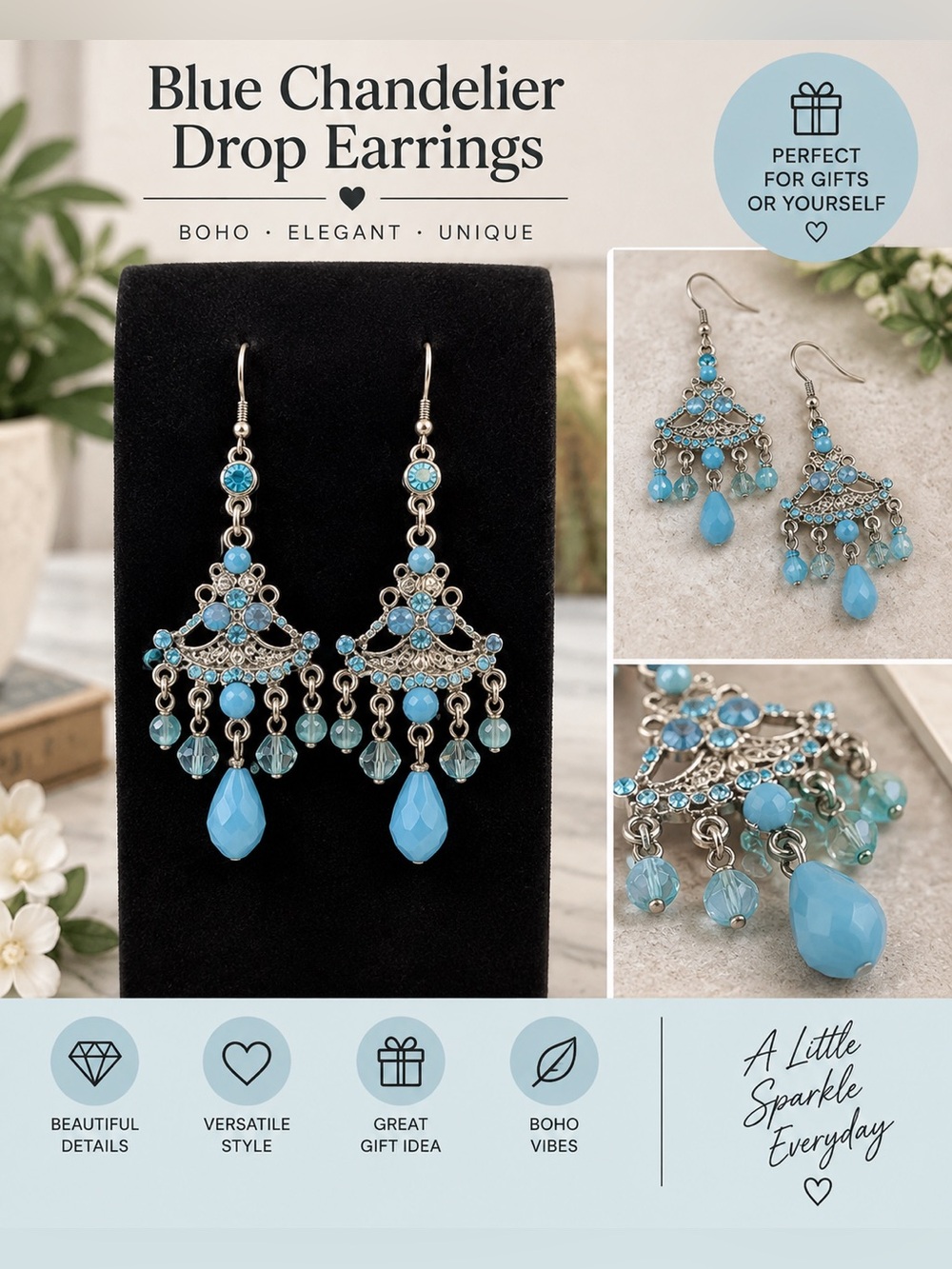 Blue Chandelier Beaded Drop Earrings (Boho)